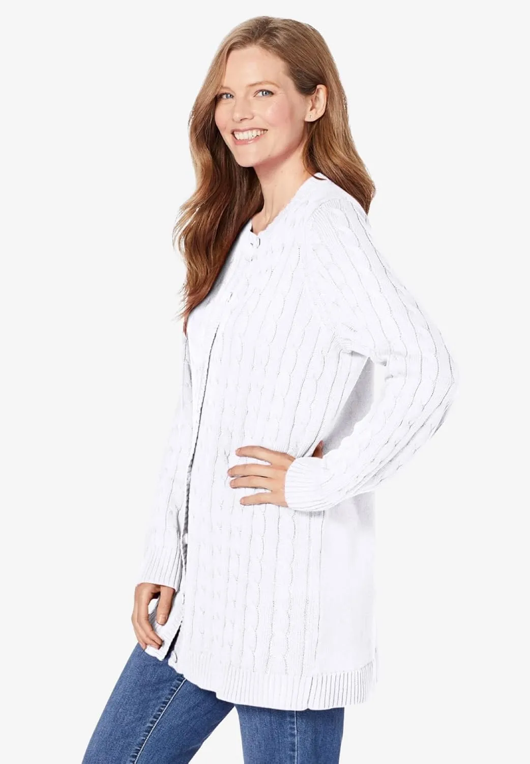 Woman Within Plus Size Cotton Cable Knit Cardigan Sweater