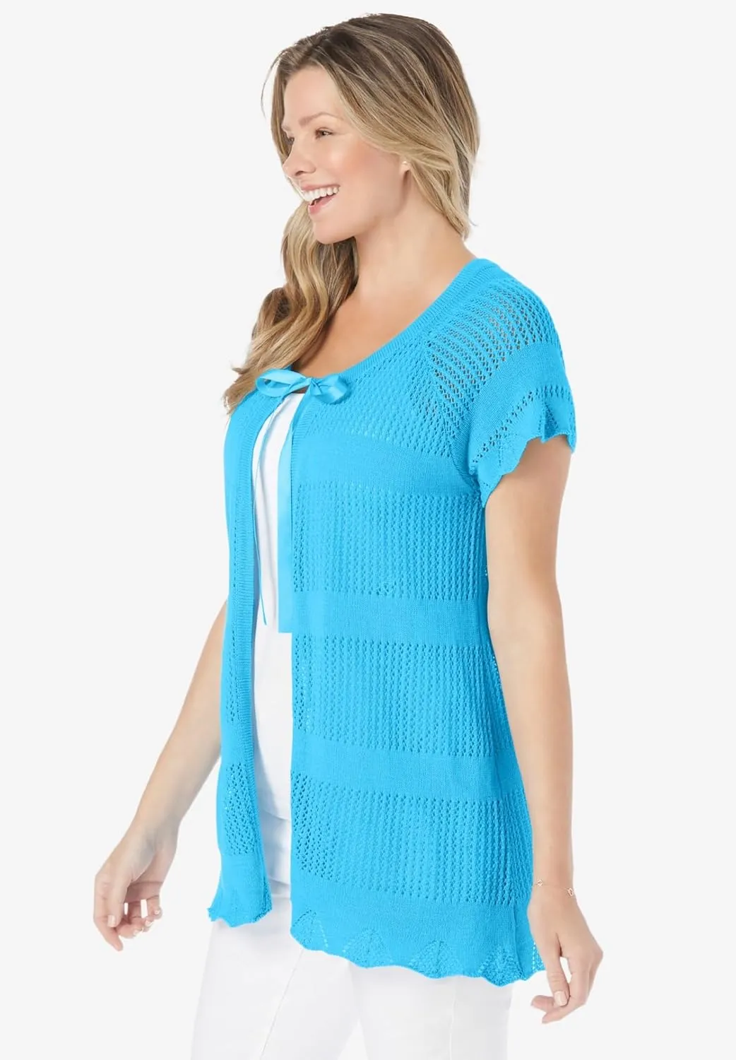 Woman Within Plus Size Tie-Neck Pointelle Cardigan Sweater