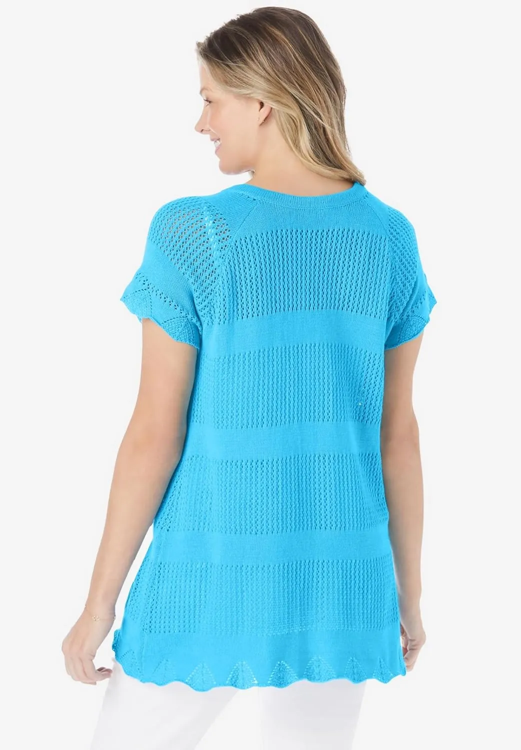 Woman Within Plus Size Tie-Neck Pointelle Cardigan Sweater