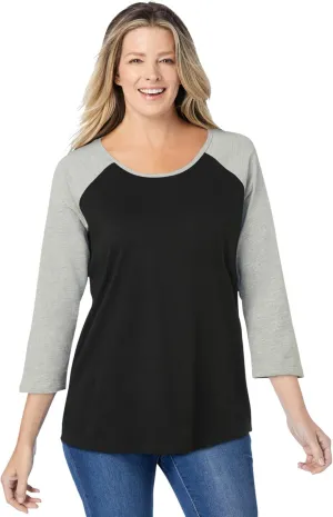 Woman Within Women's Plus Size Three-Quarter Sleeve Baseball Tee