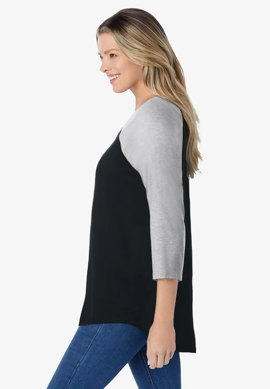 Woman Within Women's Plus Size Three-Quarter Sleeve Baseball Tee