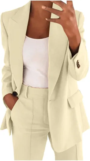 Women 2 Piece Plus Size Casual Blazers Open Front Long Sleeve Button Jackets and Pants Office Business Work Suit Set