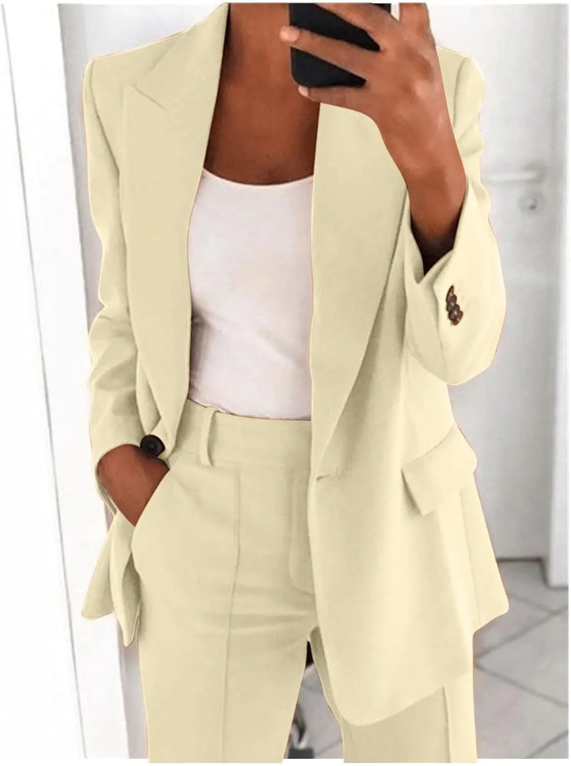 Women 2 Piece Plus Size Casual Blazers Open Front Long Sleeve Button Jackets and Pants Office Business Work Suit Set