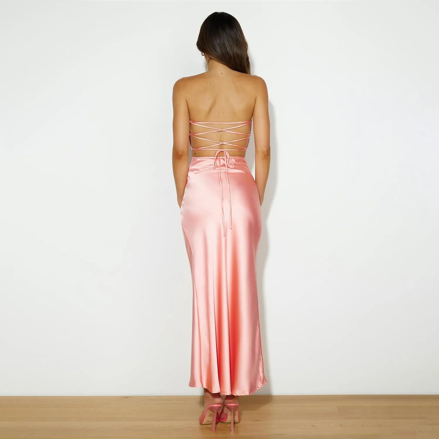 Women 2 Piece Satin Skirt Sets 3D Floral Tube Top Twist Front Ruched Bodycon Maxi Skirt Summer Going Out Outfits