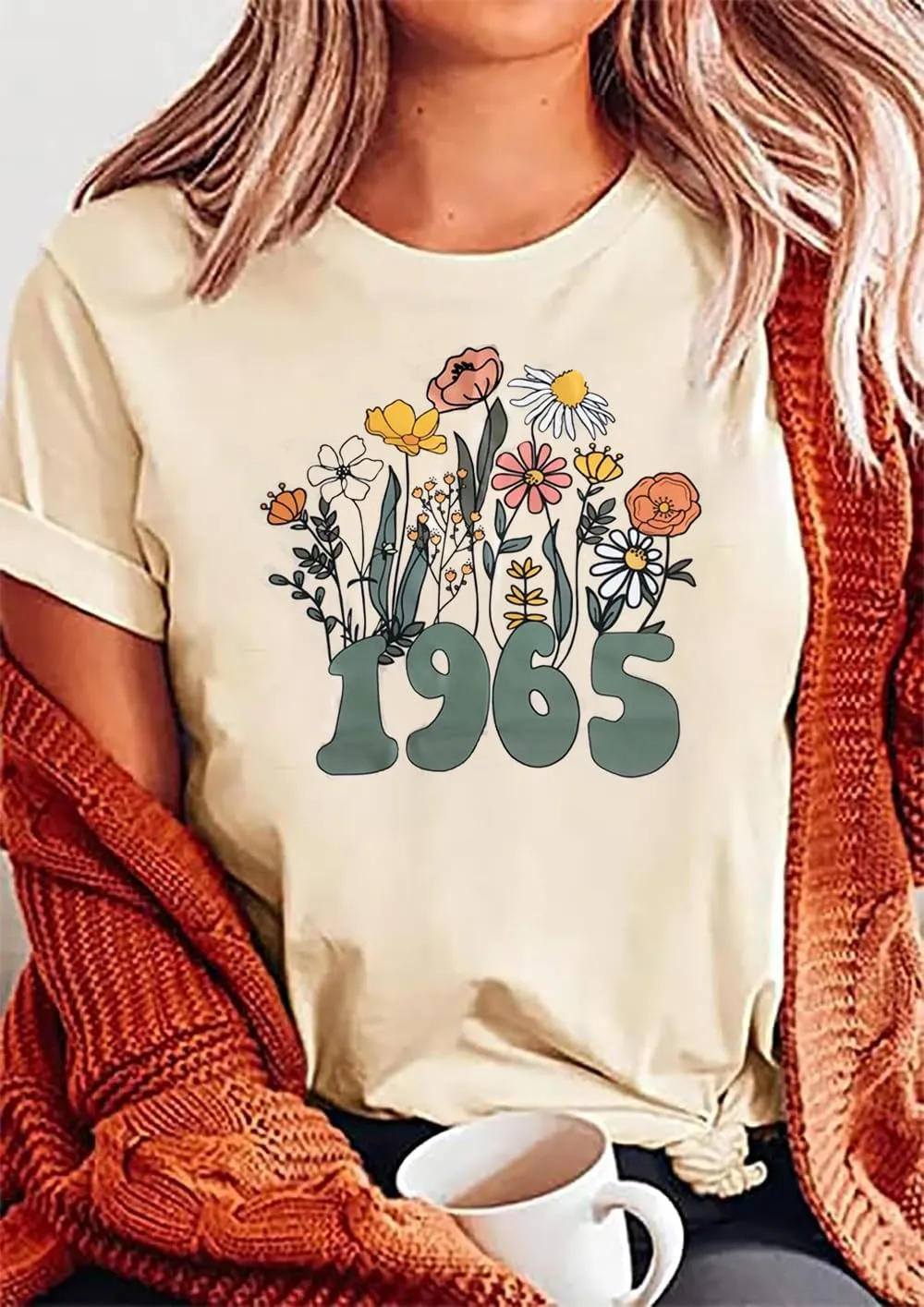Women 60th Birthday Shirt Vintage 1965 Tshirt Sixty Bday Gift Casual Birthday Apparel Flower Graphic Short Sleeves Tee