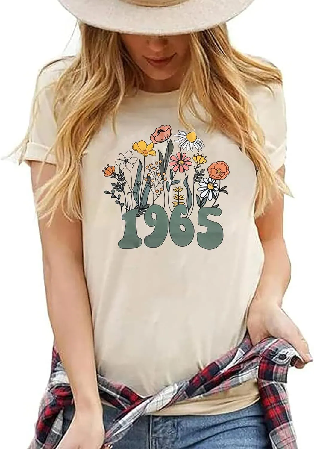Women 60th Birthday Shirt Vintage 1965 Tshirt Sixty Bday Gift Casual Birthday Apparel Flower Graphic Short Sleeves Tee