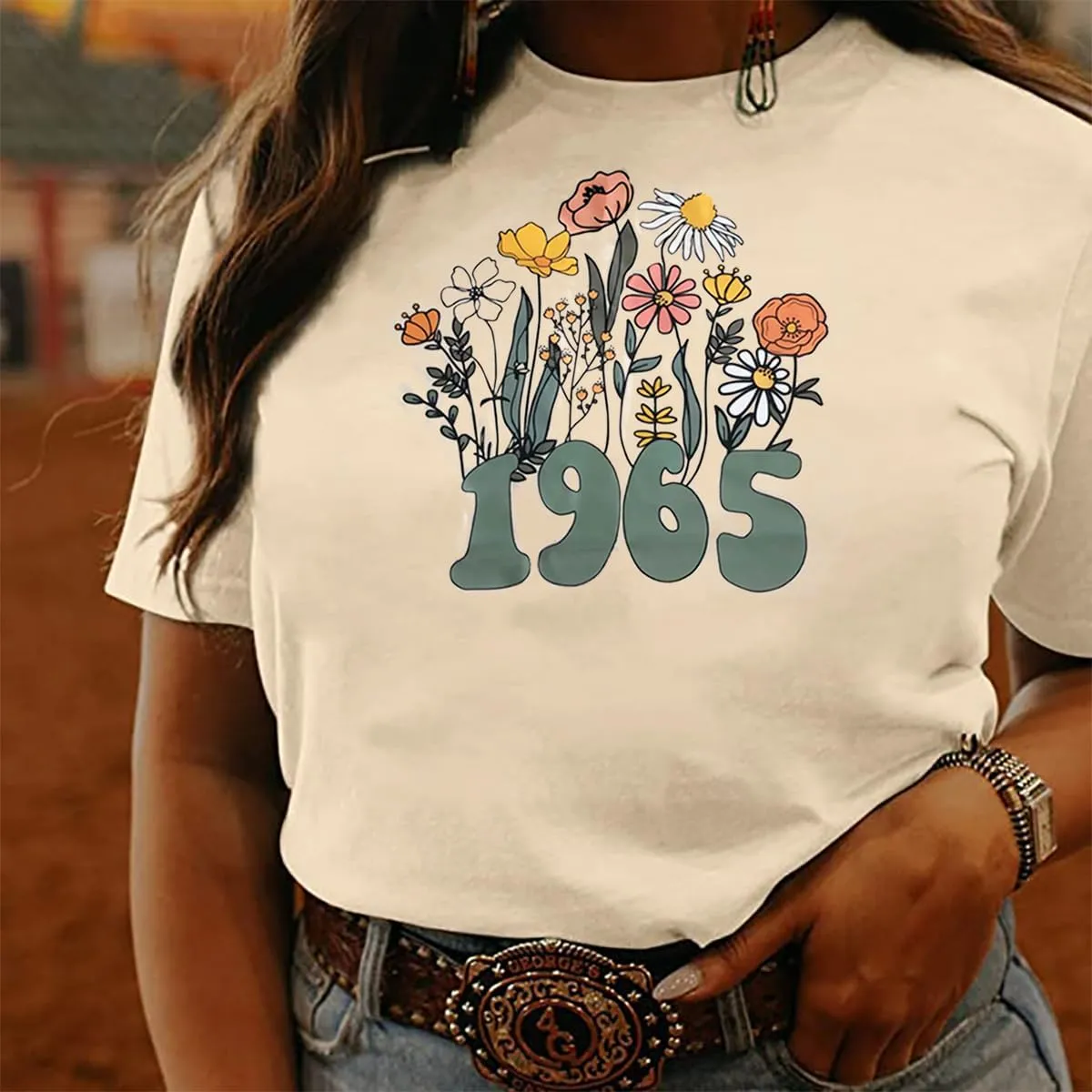 Women 60th Birthday Shirt Vintage 1965 Tshirt Sixty Bday Gift Casual Birthday Apparel Flower Graphic Short Sleeves Tee