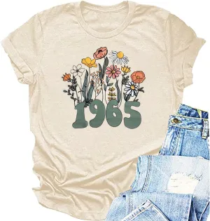 Women 60th Birthday Shirt Vintage 1965 Tshirt Sixty Bday Gift Casual Birthday Apparel Flower Graphic Short Sleeves Tee