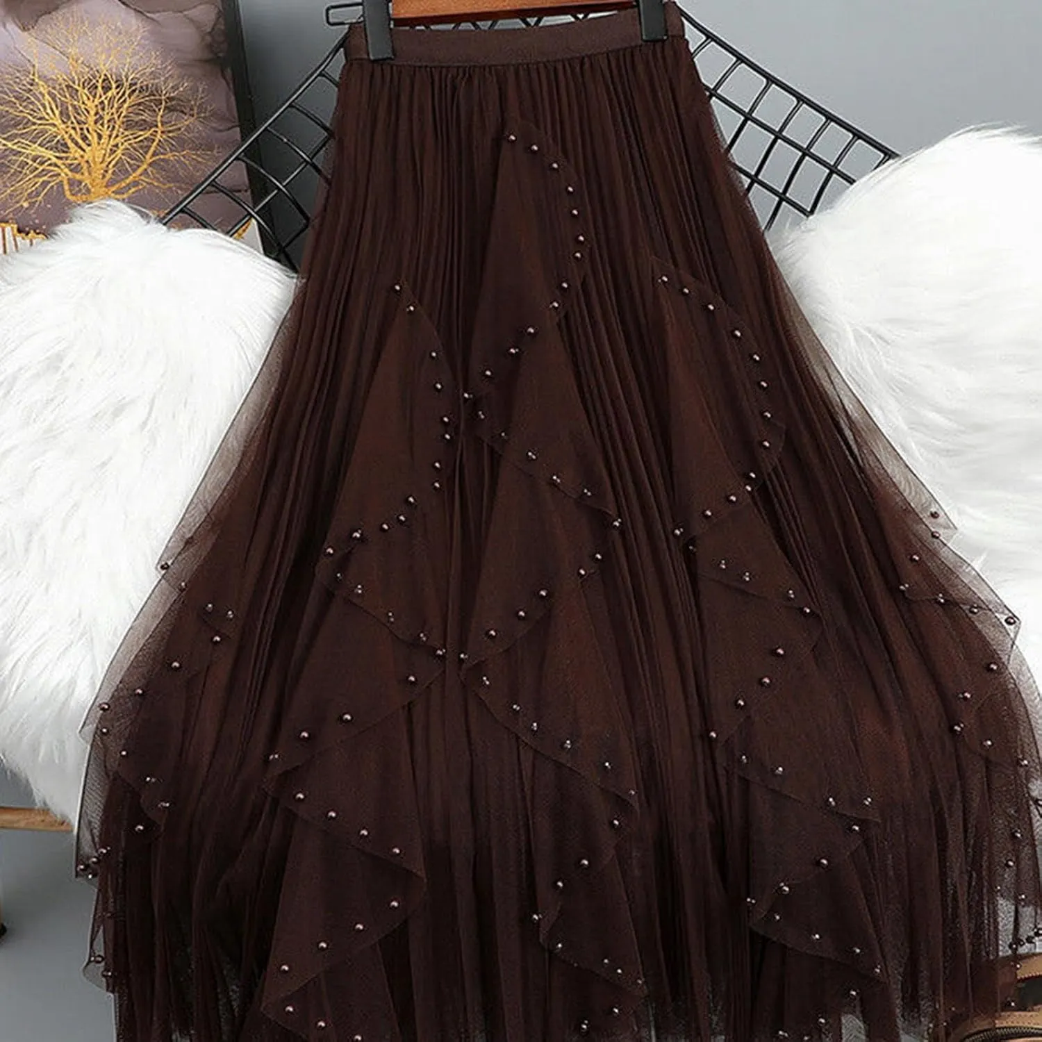 Women Beading Trim Tulle Skirts Ruffle Pleated Midi Length Tutu Skirts Elastic High Waisted Elegant A Line Skirt