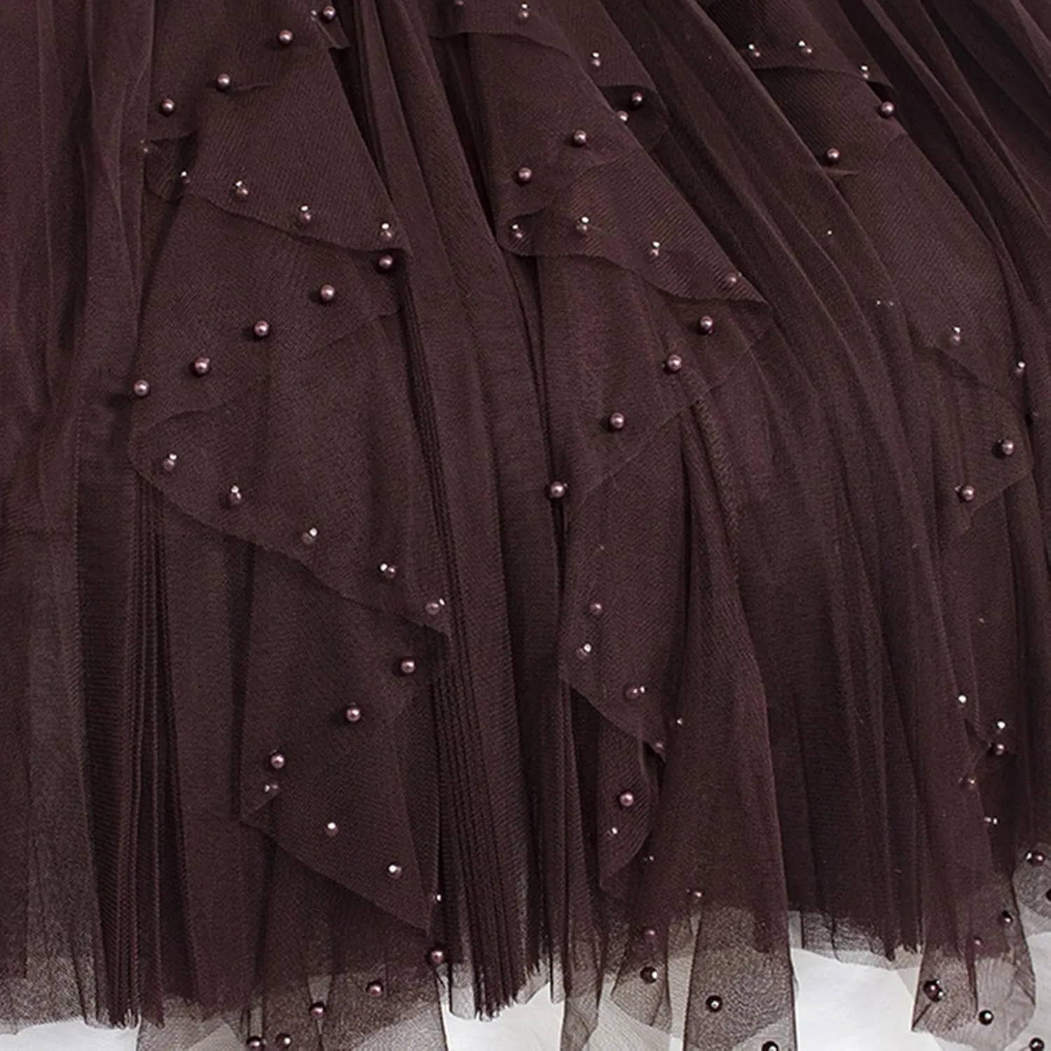Women Beading Trim Tulle Skirts Ruffle Pleated Midi Length Tutu Skirts Elastic High Waisted Elegant A Line Skirt