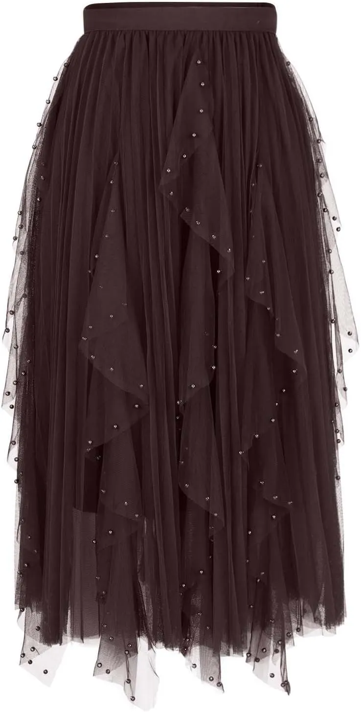 Women Beading Trim Tulle Skirts Ruffle Pleated Midi Length Tutu Skirts Elastic High Waisted Elegant A Line Skirt