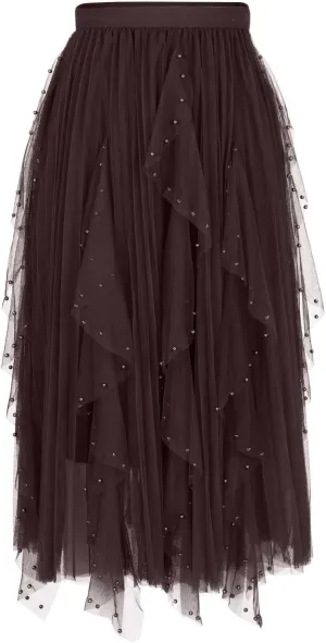 Women Beading Trim Tulle Skirts Ruffle Pleated Midi Length Tutu Skirts Elastic High Waisted Elegant A Line Skirt