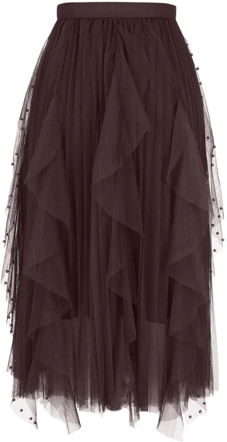 Women Beading Trim Tulle Skirts Ruffle Pleated Midi Length Tutu Skirts Elastic High Waisted Elegant A Line Skirt