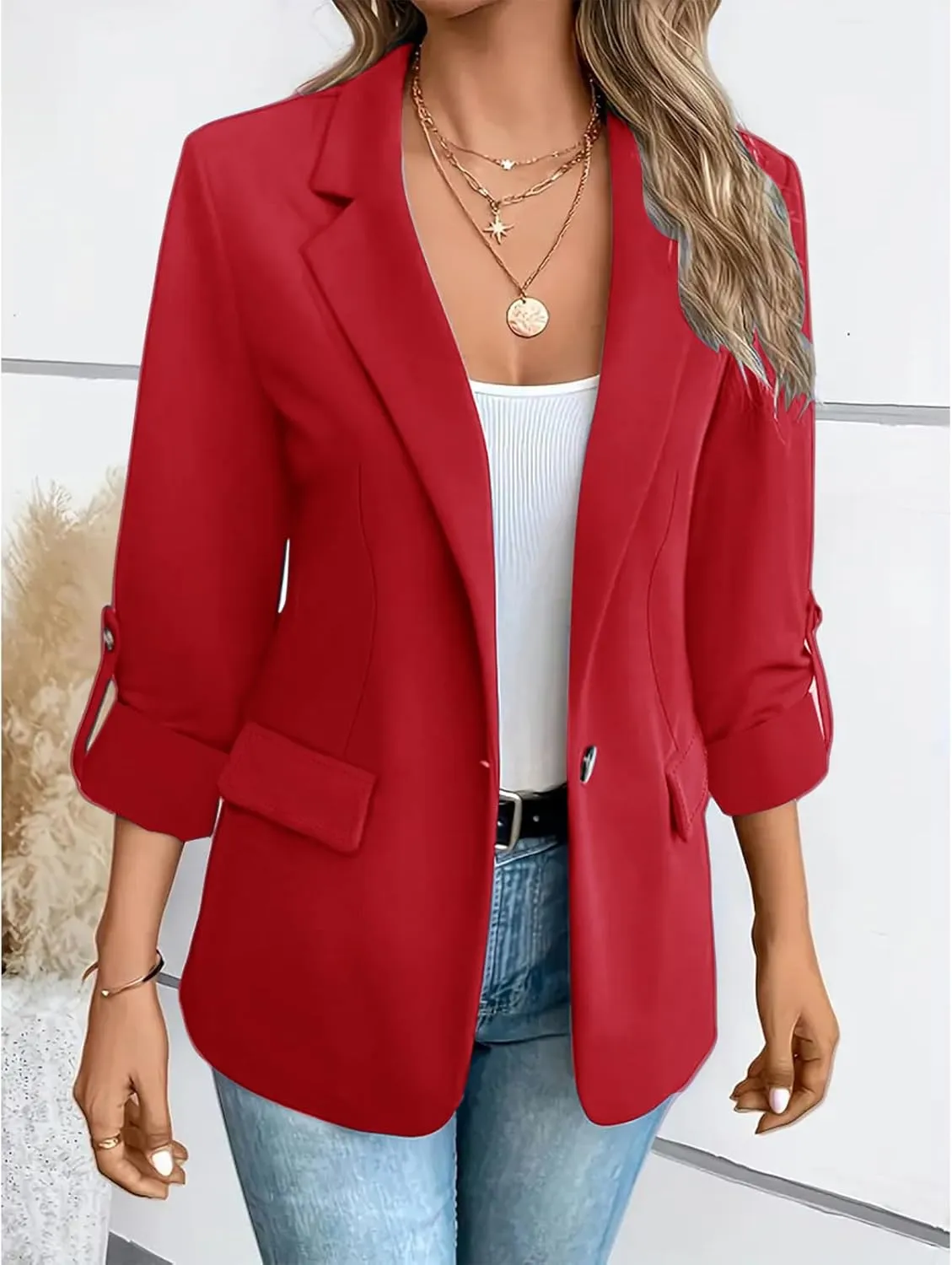 Women Blazers 3/4 Roll Sleeve Lapel Blazer Jacket Button Down Open Front Coat Casual Business Jackets with Pockets
