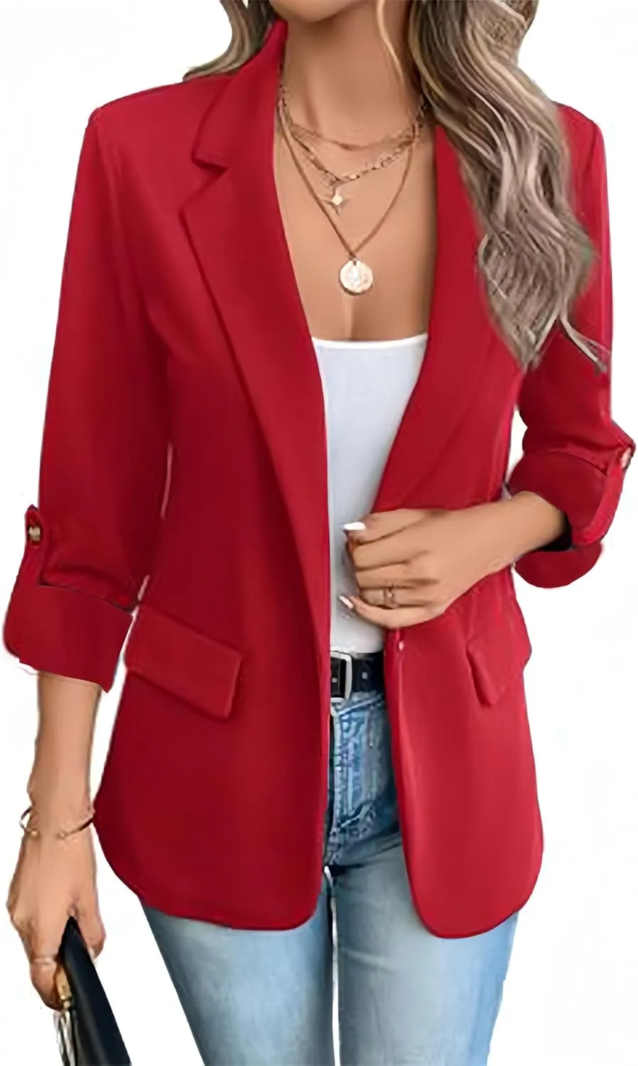 Women Blazers 3/4 Roll Sleeve Lapel Blazer Jacket Button Down Open Front Coat Casual Business Jackets with Pockets