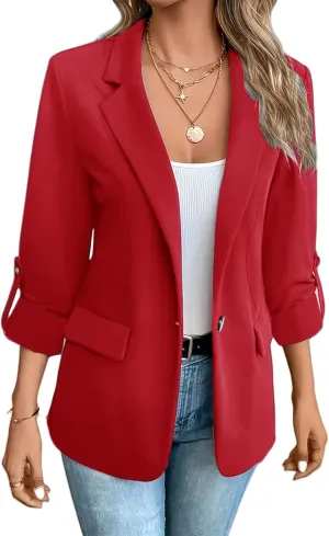 Women Blazers 3/4 Roll Sleeve Lapel Blazer Jacket Button Down Open Front Coat Casual Business Jackets with Pockets