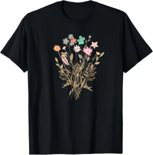 Women Boho Botanical Flower Wildflower Bouquet Floral Tee T-Shirt