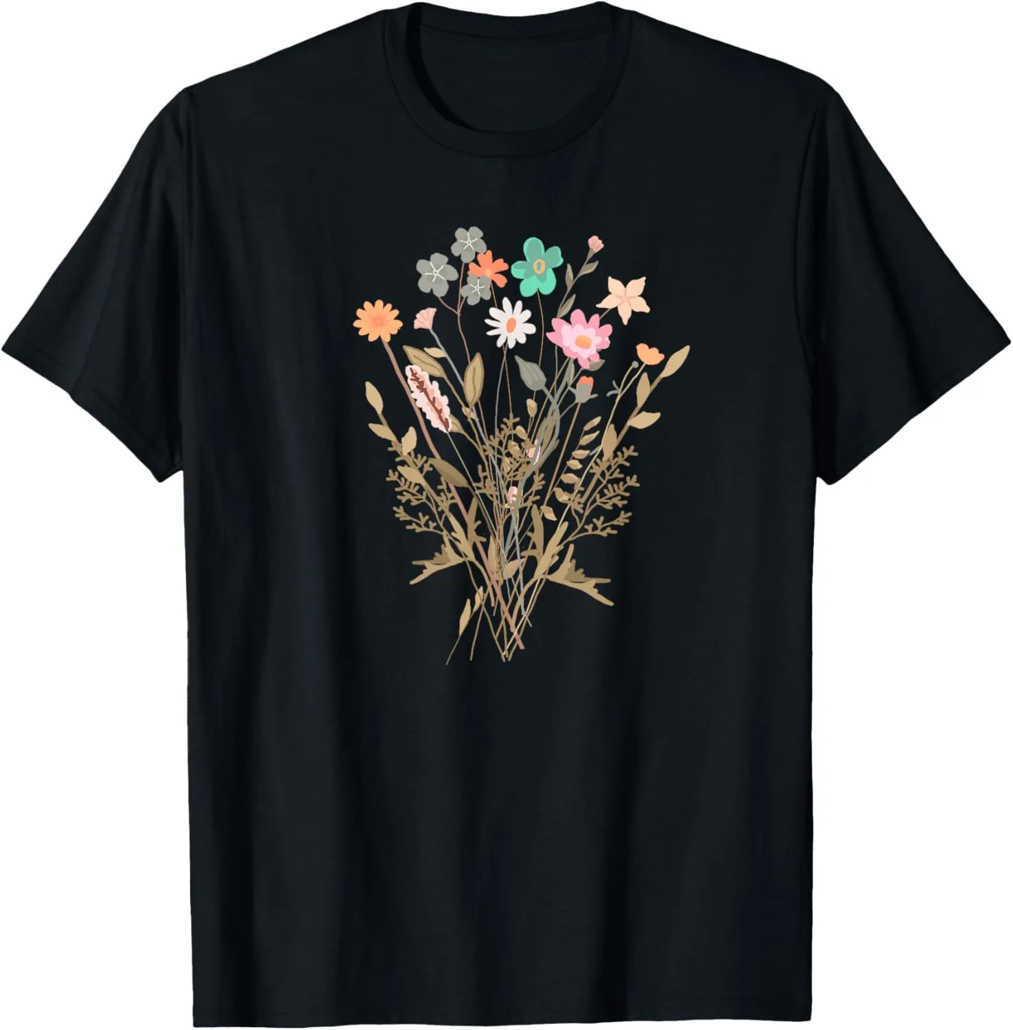 Women Boho Botanical Flower Wildflower Bouquet Floral Tee T-Shirt