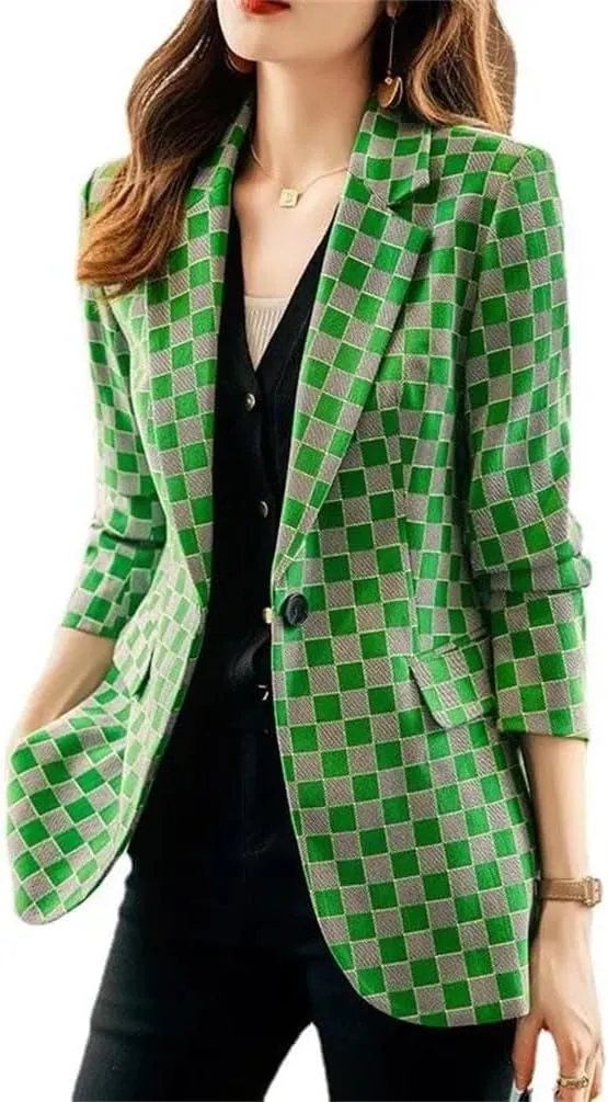 Women Casual Plaid Blazer Coat Spring Female Long Sleeve Single Button Jacket