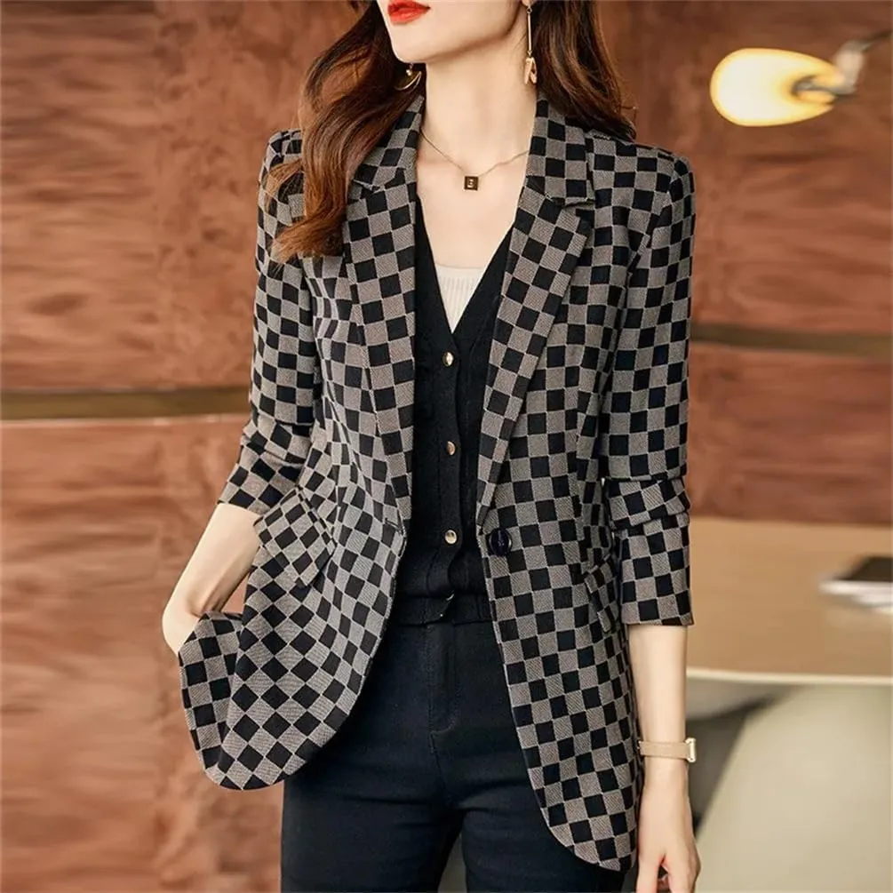 Women Casual Plaid Blazer Coat Spring Female Long Sleeve Single Button Jacket
