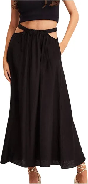 Women Cutout High Waist Midi Skirt Summer Casual Pleated A-Line Skirts Lightweight Flowy Solid Beach Long Skirt