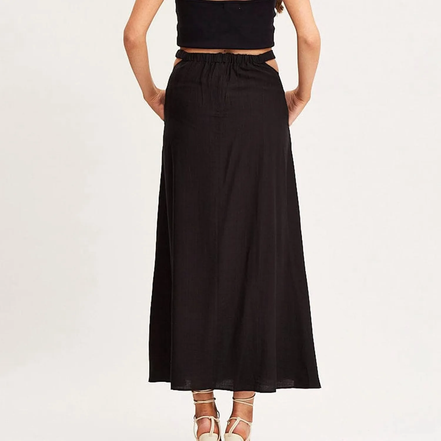 Women Cutout High Waist Midi Skirt Summer Casual Pleated A-Line Skirts Lightweight Flowy Solid Beach Long Skirt