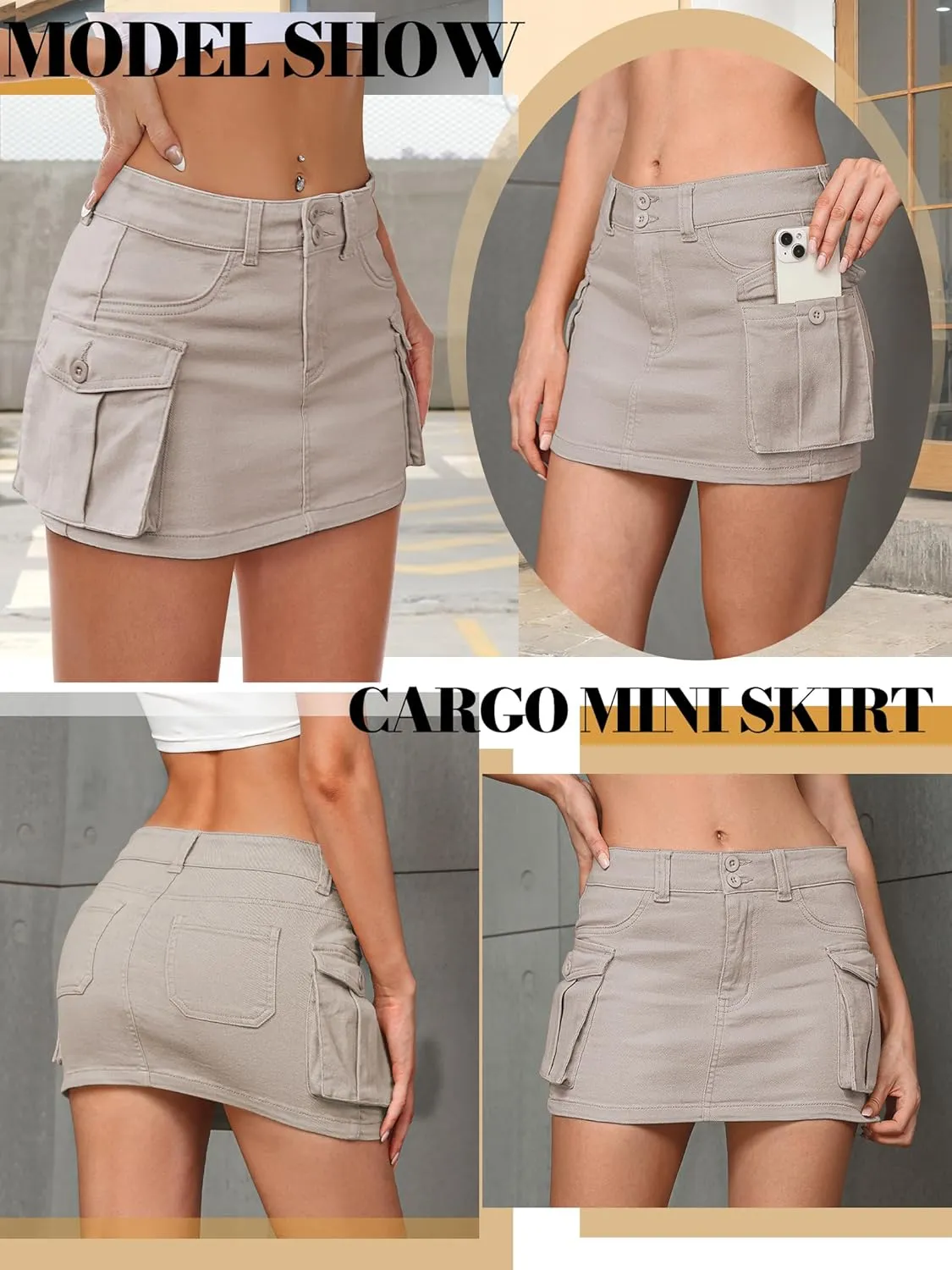 Women Denim Cargo Skirt Mini Low Waist Button Bodycon Y2K Flap Pockets Skirts