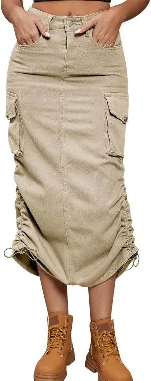 Women Drawing Rope Casual Fashion Half Body Denim Skirt Plaid Midi Skirts for Women Womens Pencil Skirt (A-Khaki, L)