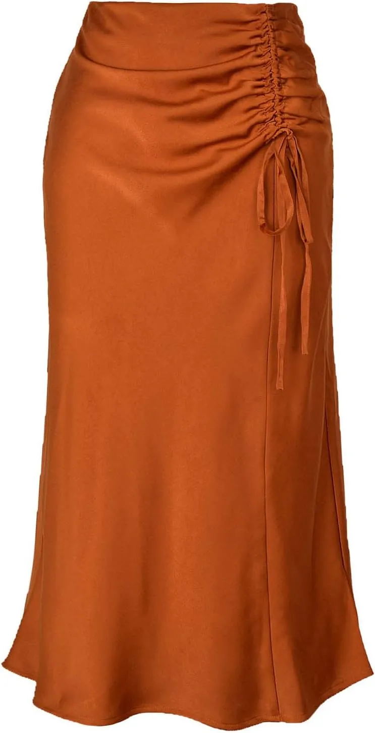 Women Elegant High Waist Maxi Skirt Ruched Shirring Satin Hip Wrap Skirt Solid Color Slim Fit Long Skirt