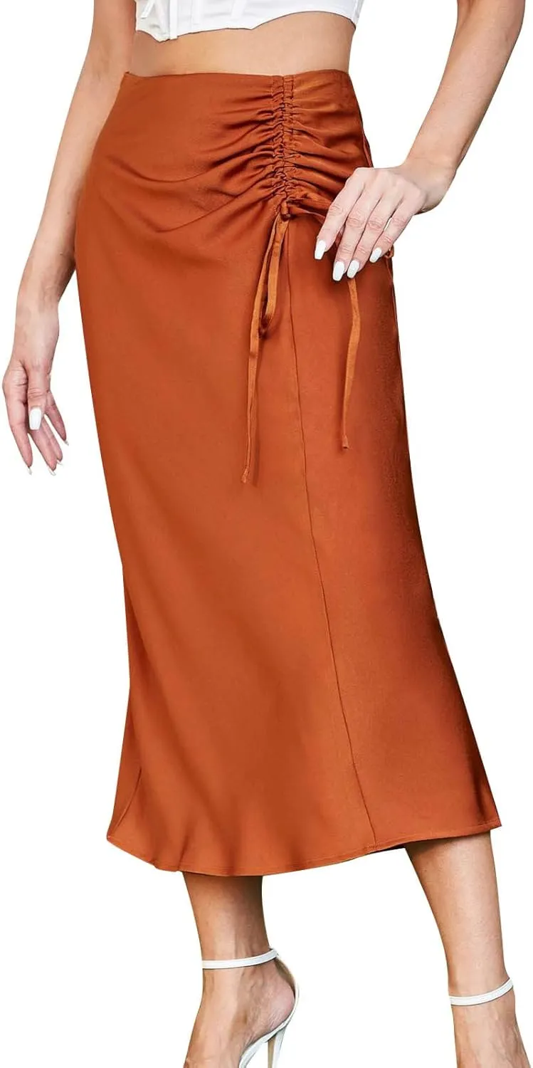 Women Elegant High Waist Maxi Skirt Ruched Shirring Satin Hip Wrap Skirt Solid Color Slim Fit Long Skirt
