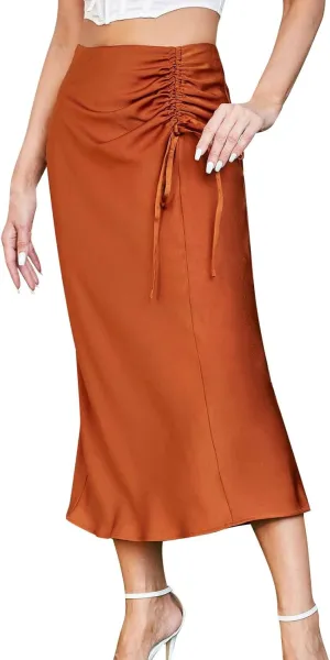 Women Elegant High Waist Maxi Skirt Ruched Shirring Satin Hip Wrap Skirt Solid Color Slim Fit Long Skirt