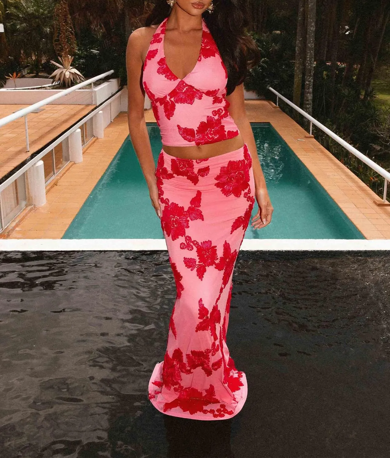 Women Embroidered Floral Long Skirt Y2K High Waist Floral Bodycon Maxi Skirt Beach Party Club Midi Skirt
