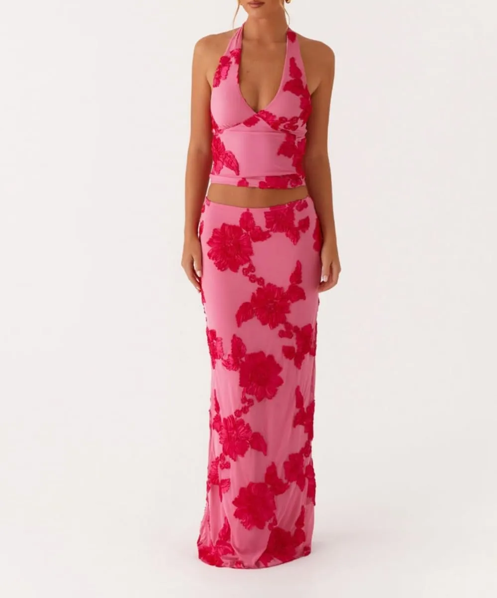 Women Embroidered Floral Long Skirt Y2K High Waist Floral Bodycon Maxi Skirt Beach Party Club Midi Skirt