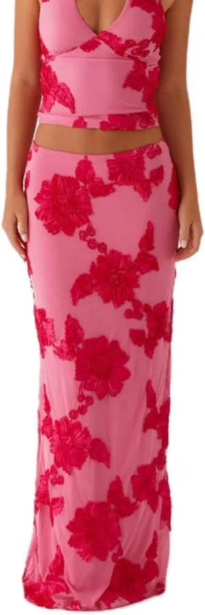 Women Embroidered Floral Long Skirt Y2K High Waist Floral Bodycon Maxi Skirt Beach Party Club Midi Skirt