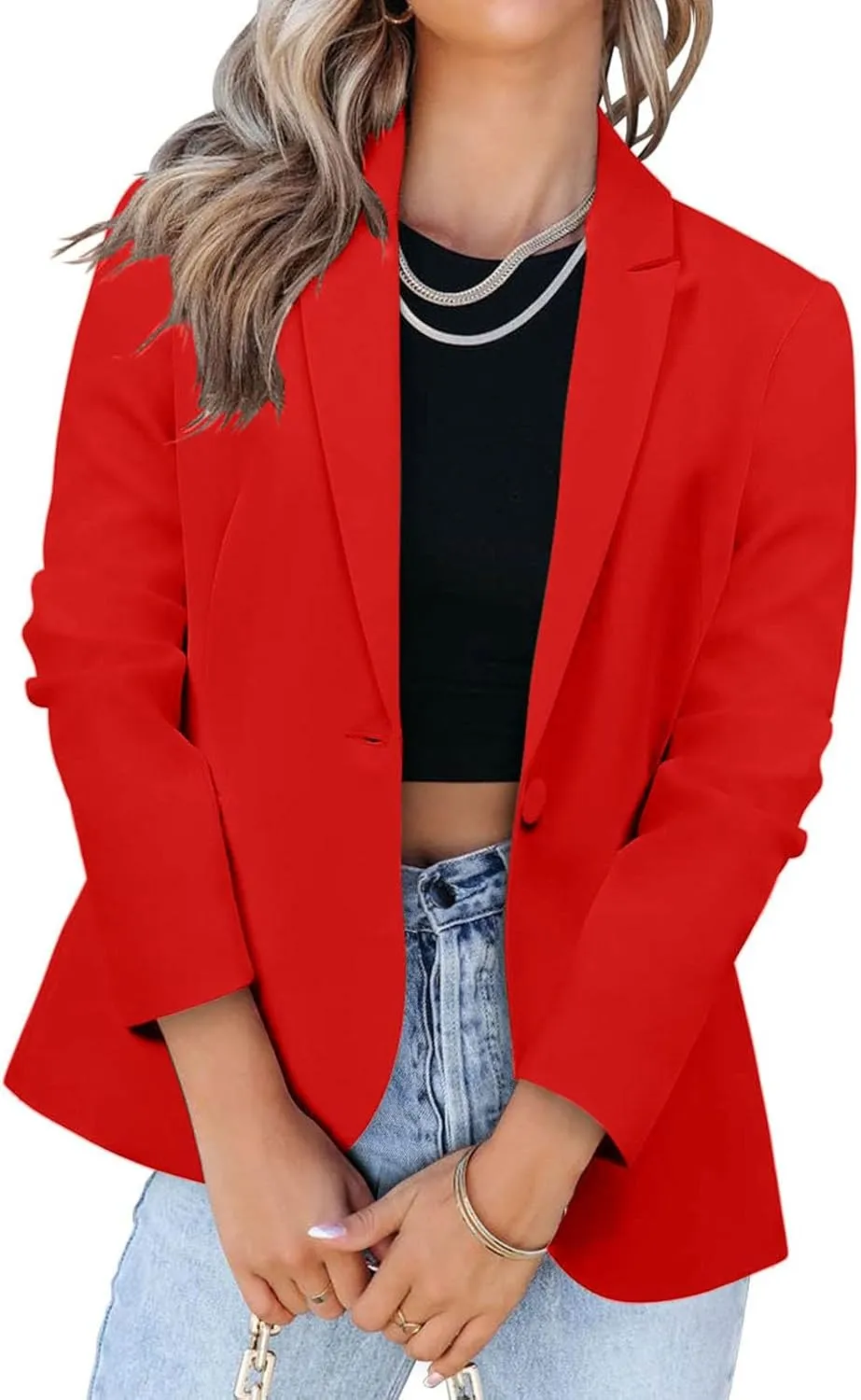 Women Fashion Button Down Blazer Suit Solid Long Sleeve Lapel Cardigan Blazer Business Casual Loose Jacket Coat