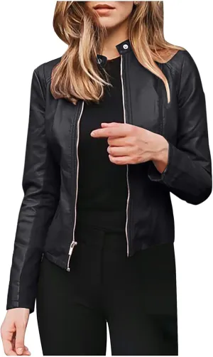 Women Faux Leather Casual Jacket, Fall and Spring Fashion Motorcycle Bike Jacket Coat Zip Up Cardigan Outerwear