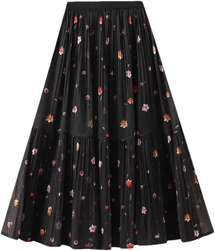 Women Floral Chiffon Midi Skirt High Waist A-Line Pleated Layered Beach Casual Tulle Skirts