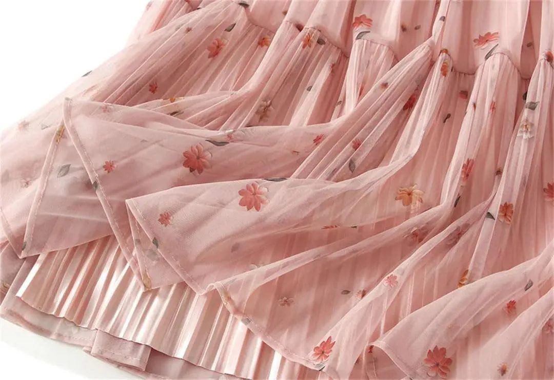 Women Floral Chiffon Midi Skirt High Waist A-Line Pleated Layered Beach Casual Tulle Skirts