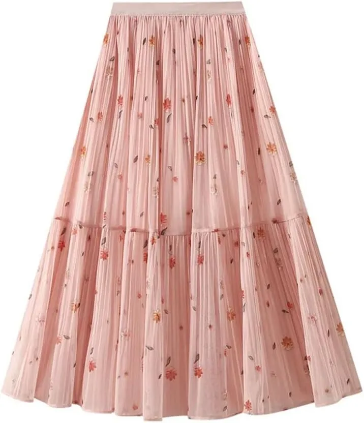 Women Floral Chiffon Midi Skirt High Waist A-Line Pleated Layered Beach Casual Tulle Skirts