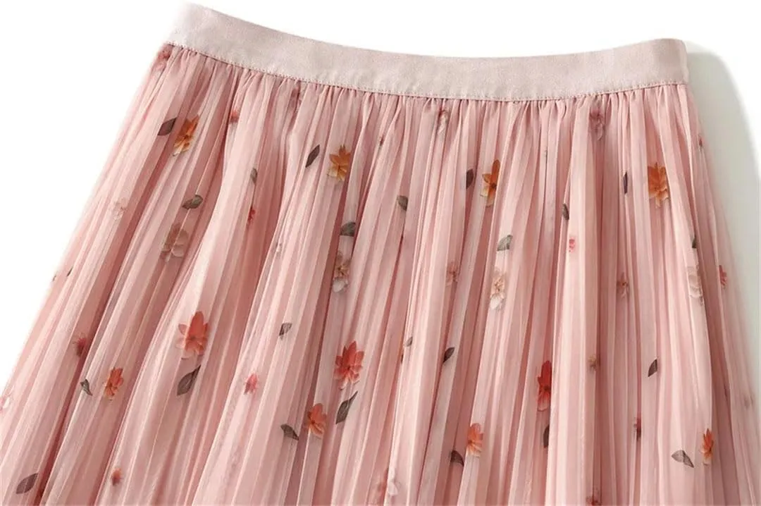 Women Floral Chiffon Midi Skirt High Waist A-Line Pleated Layered Beach Casual Tulle Skirts