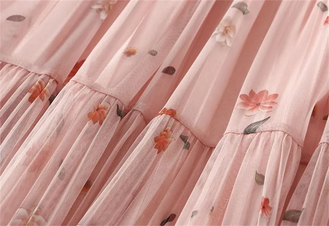 Women Floral Chiffon Midi Skirt High Waist A-Line Pleated Layered Beach Casual Tulle Skirts