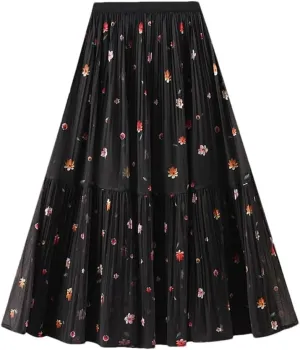Women Floral Chiffon Midi Skirt High Waist A-Line Pleated Layered Beach Casual Tulle Skirts