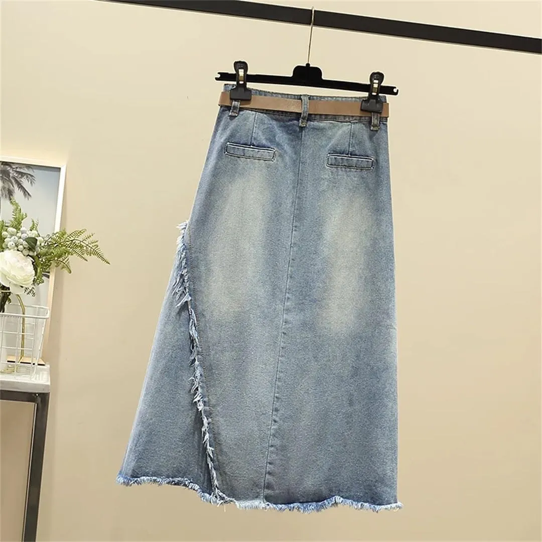Women Irregular Tassels Denim Skirt Patchwork High Waist A-Line Office Lady Midi Jeans Skirts
