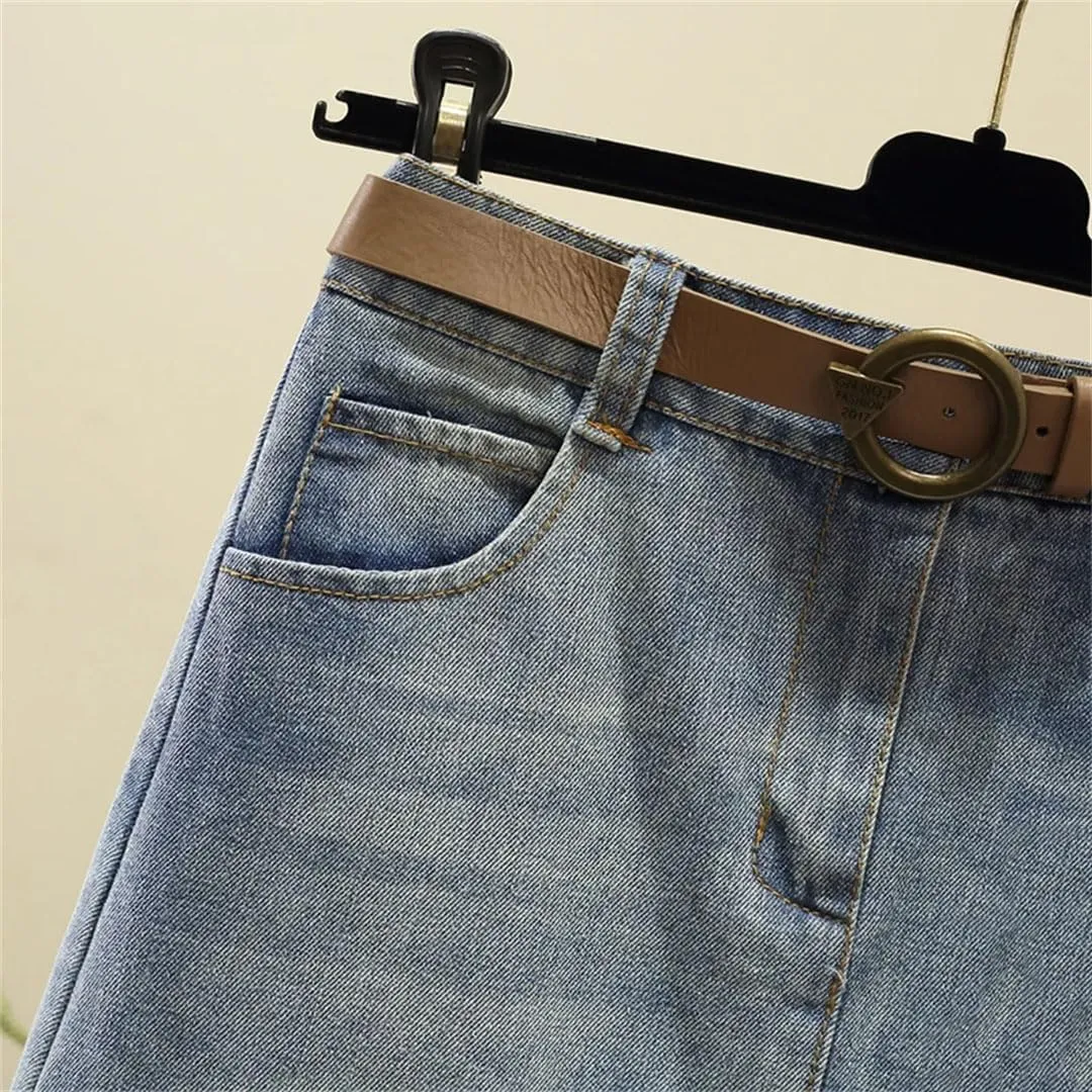 Women Irregular Tassels Denim Skirt Patchwork High Waist A-Line Office Lady Midi Jeans Skirts