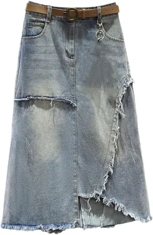 Women Irregular Tassels Denim Skirt Patchwork High Waist A-Line Office Lady Midi Jeans Skirts