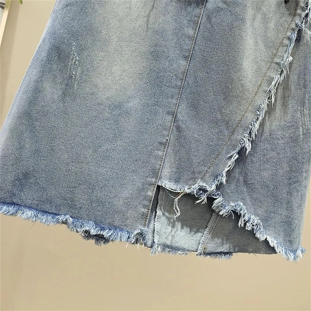 Women Irregular Tassels Denim Skirt Patchwork High Waist A-Line Office Lady Midi Jeans Skirts