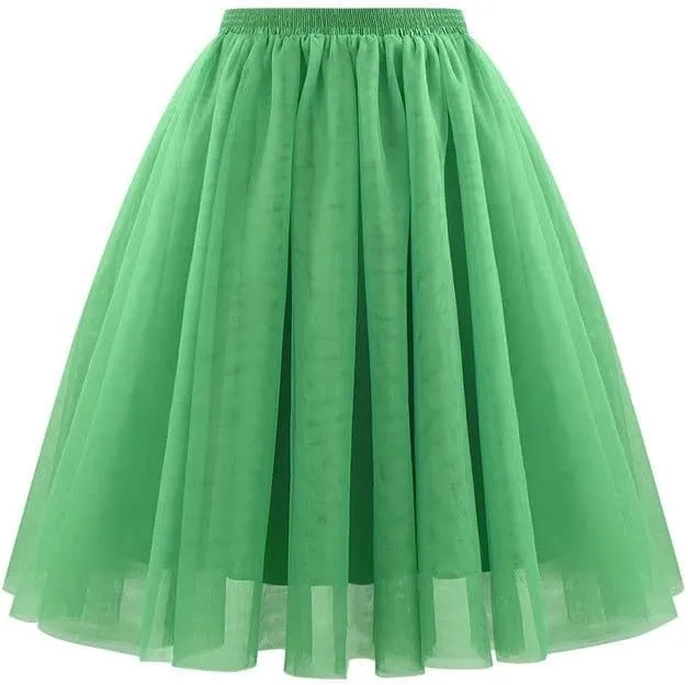 Women Knee Length Tutu Skirt A-line Pleated Tulle Skirts Princess Evening Gown Elastic Prom Wedding Party Skirt