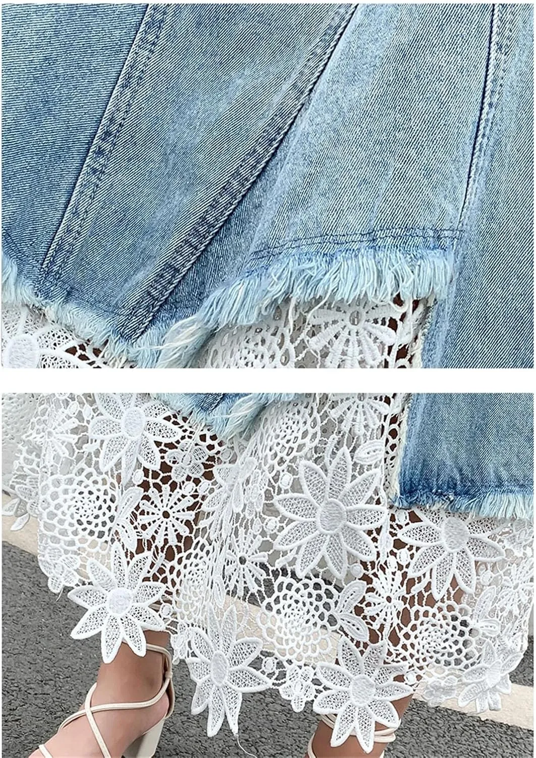 Women Lace Patchwork Denim Skirt Pleated Hight Waist Slim Casual A Line Midi Skirts