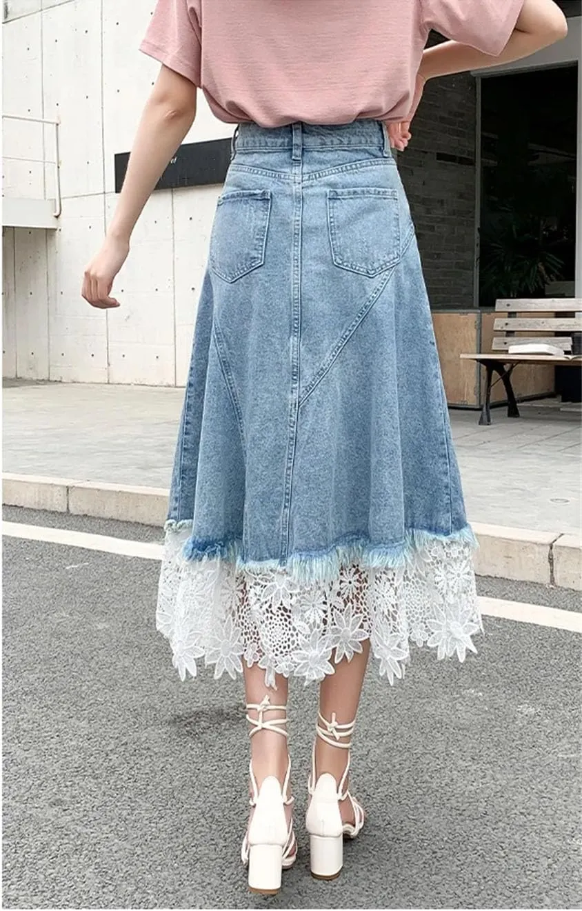 Women Lace Patchwork Denim Skirt Pleated Hight Waist Slim Casual A Line Midi Skirts
