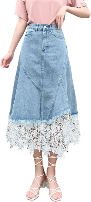 Women Lace Patchwork Denim Skirt Pleated Hight Waist Slim Casual A Line Midi Skirts